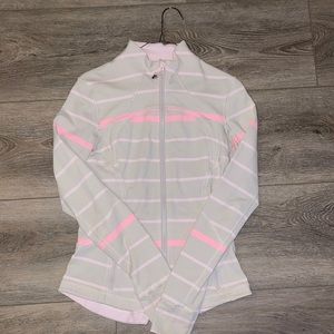 Lulu Lemon Neon Stripped Jacket. Size 4. Pink, nude & white.